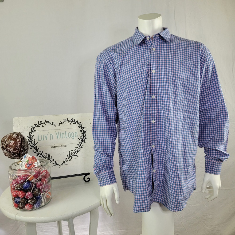 Jeremy‎ Argyle NYC Mens XXL Plaid Button Down Shirt Blue Pink Cotton 650C